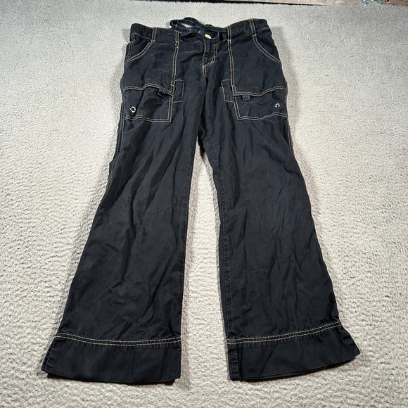 VTG Blue Dot Capri Pants Women 6 Black Cotton USA Streetwear Mid Rise Drawstring - Picture 1 of 10